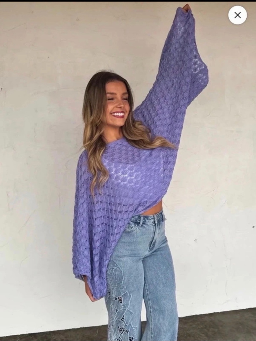 Lilac Open-Knit Crewneck Sweater - Lightweight Women's Pullover